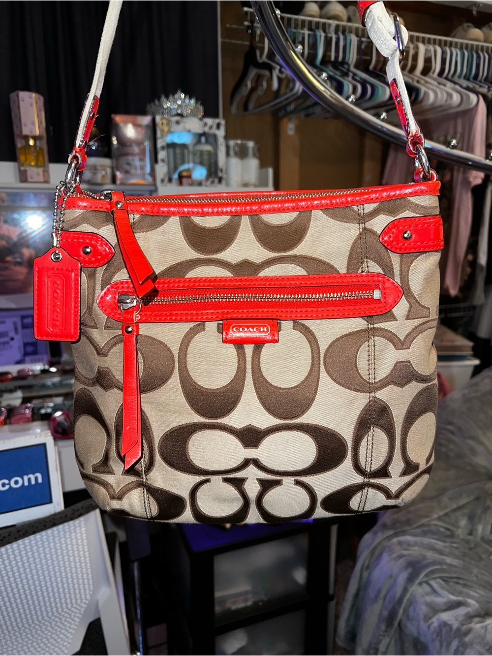 Coach Brown Signature Canvas Crossbody with Red Trim